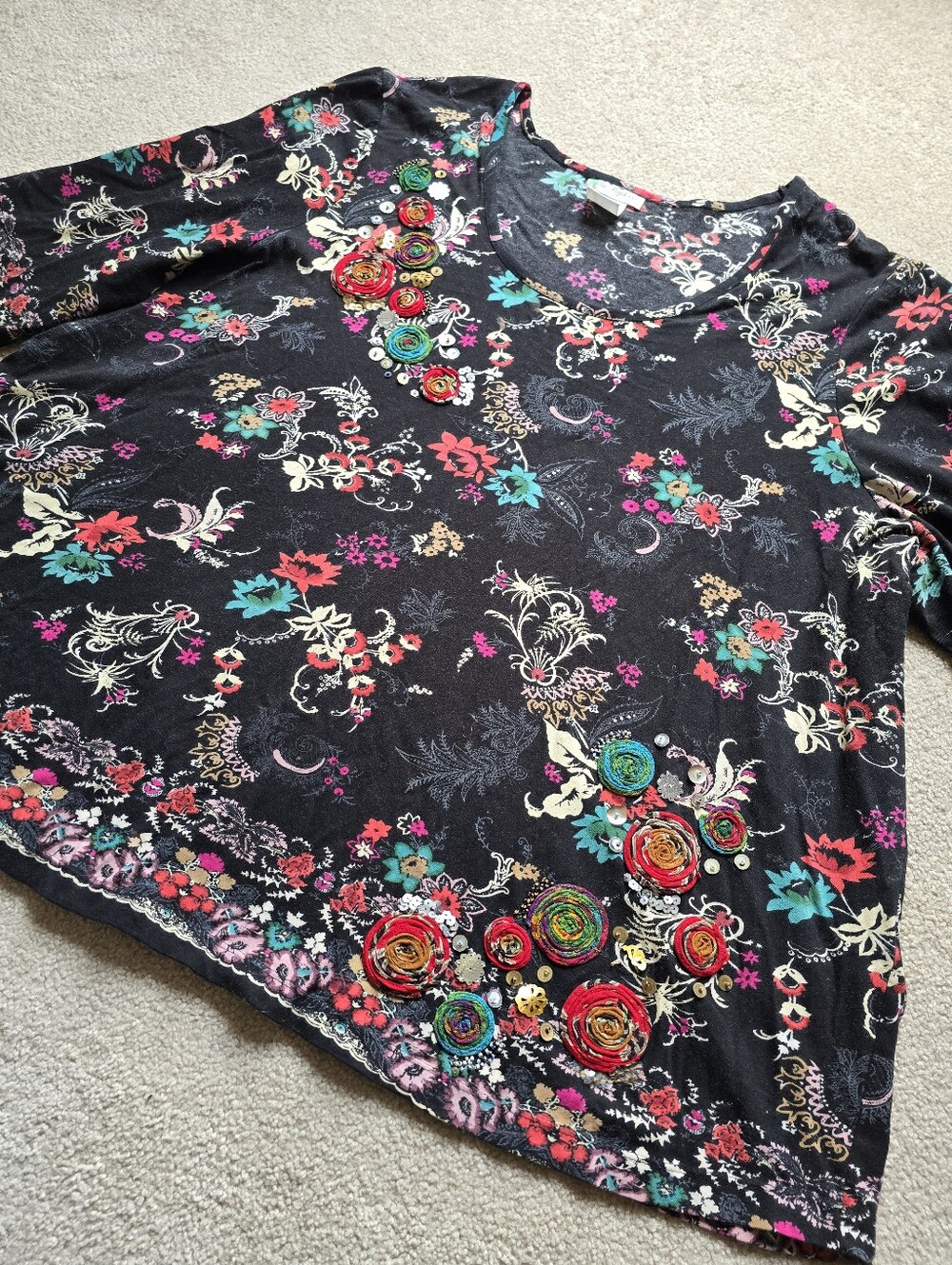 Ulla Popken Plus Size 28/30 Relaxed Fit Floral Embellished Cotton Top 4X 5X Boho